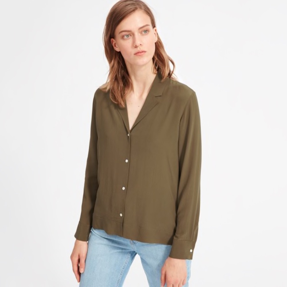 Everlane The Clean Silk Notch Shirt - Olive - Size 8